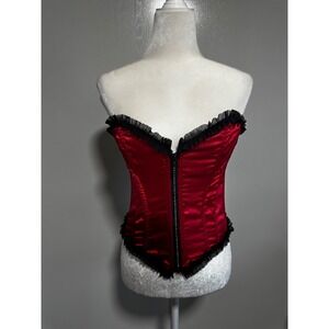 Vintage Red Black Satin Corset Bustier Top Rhinestone Zipper Ruffle Coquette.com